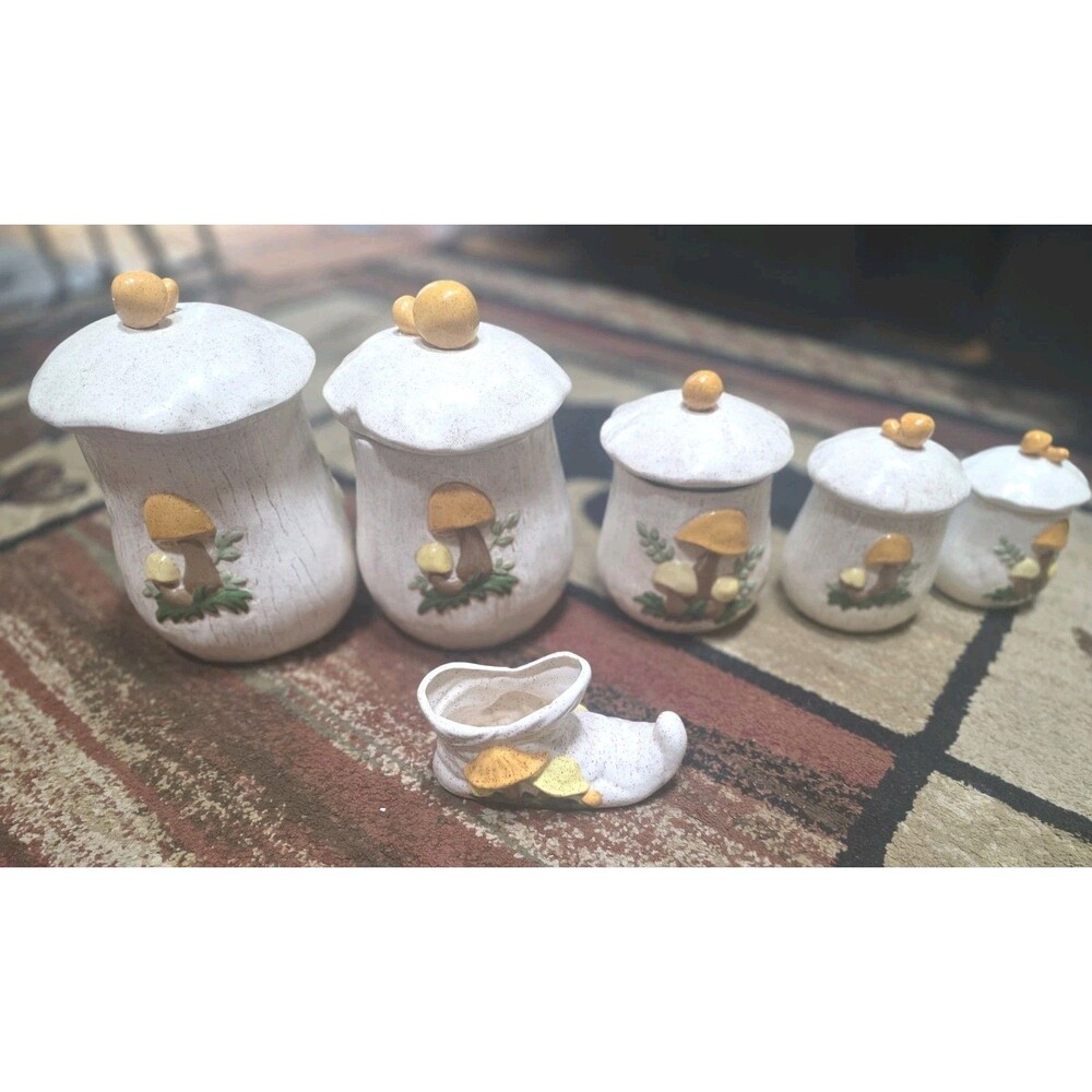 Vintage Arnel’s Merry Mushroom Canisters Lids Ceramic Set 11 Pieces